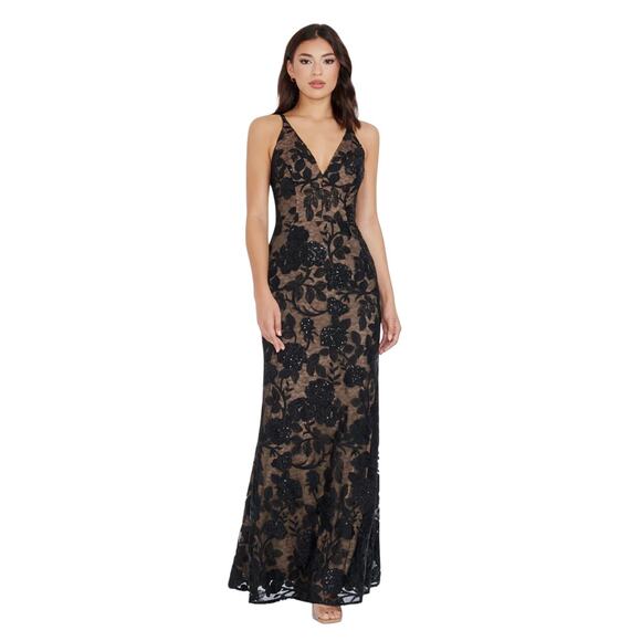 Dress the Population Size X-Small Sharon Black Floral Lace Gown Dress G6-10